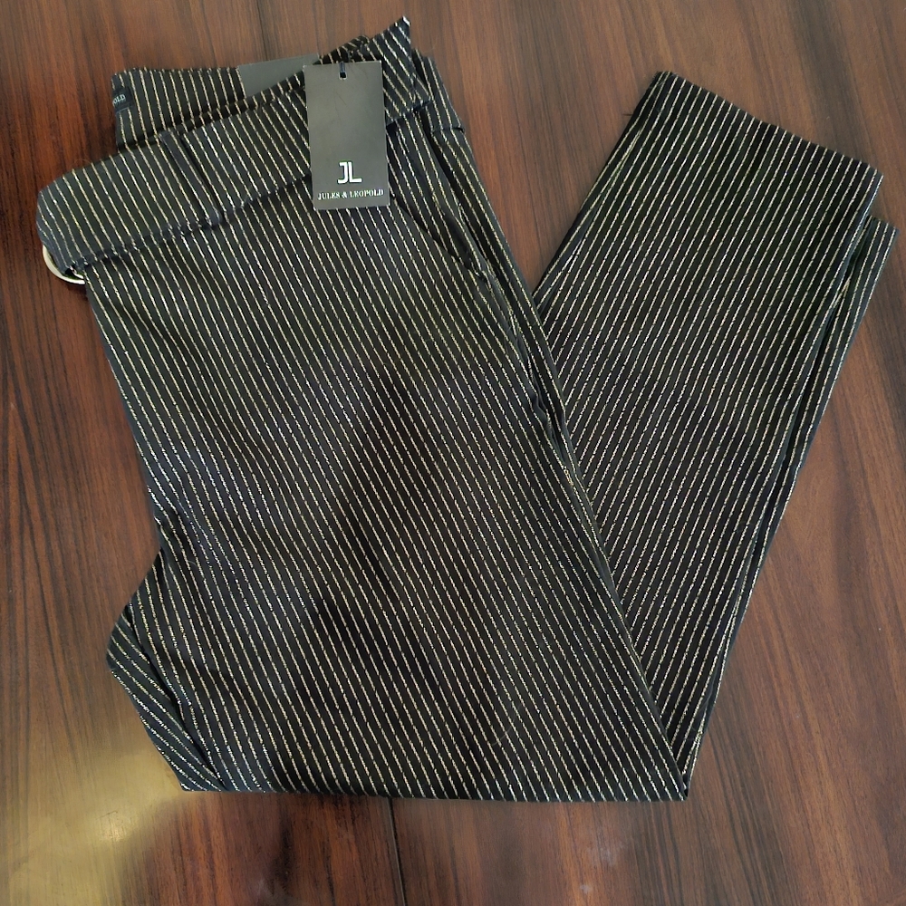 Jules & Leopold NWT Black Silver Stripe Pull On Slim Leg Ankle Pants Size Large